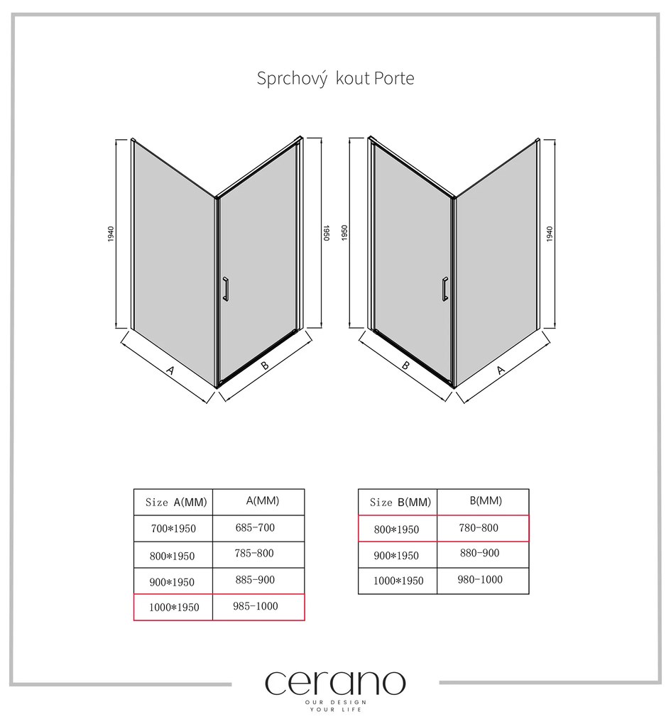 Cerano Porte, 1-krídlový sprchovací kút 80x100 cm, 8mm číre sklo, chrómový profil, CER-CER-413534