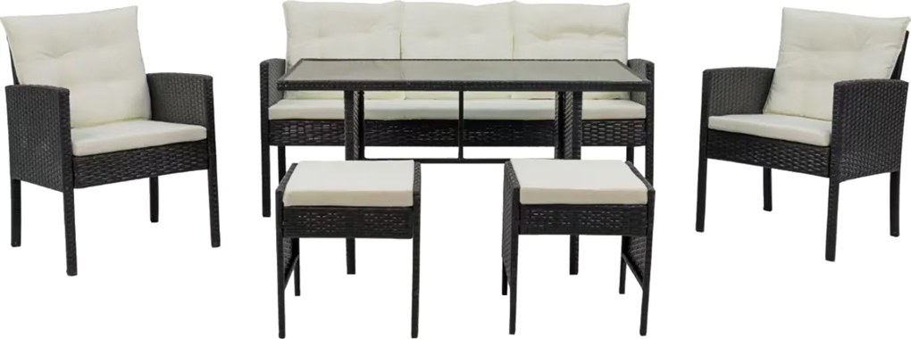 Garden Line SÚPRAVA RATANOVÉHO NÁBYTKU „VADUZ“ (SOFA + 2 KRESLÁ + 2 PUFFY + STÔL) ČIERNA + KRÉMOVÉ VANKÚŠE *9583