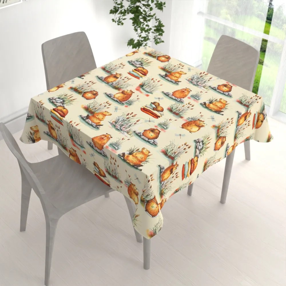 Biante Detský bavlnený štvorcový obrus Sandra SA-710 Kapybary na krémovom 100x100 cm