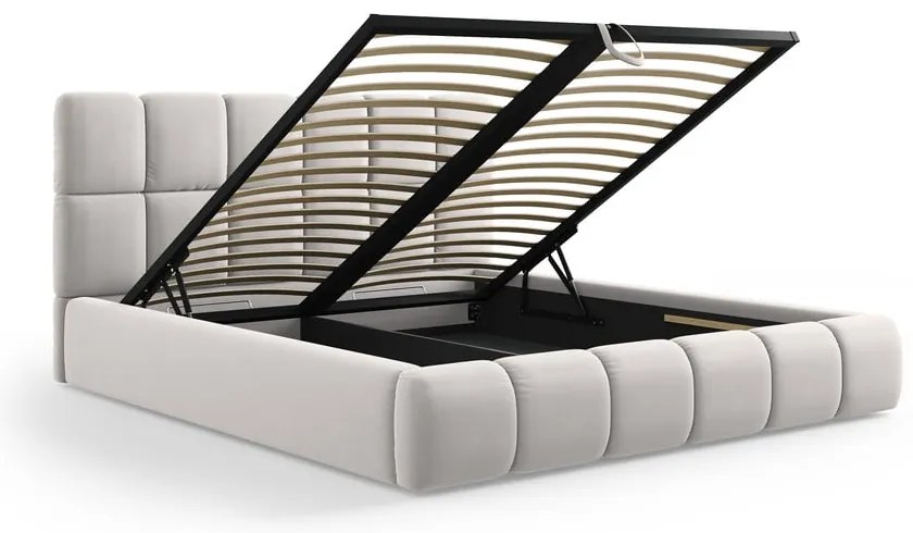 Svetlosivá zamatová čalúnená dvojlôžková posteľ s úložným priestorom s roštom 200x200 cm Bellis – Micadoni