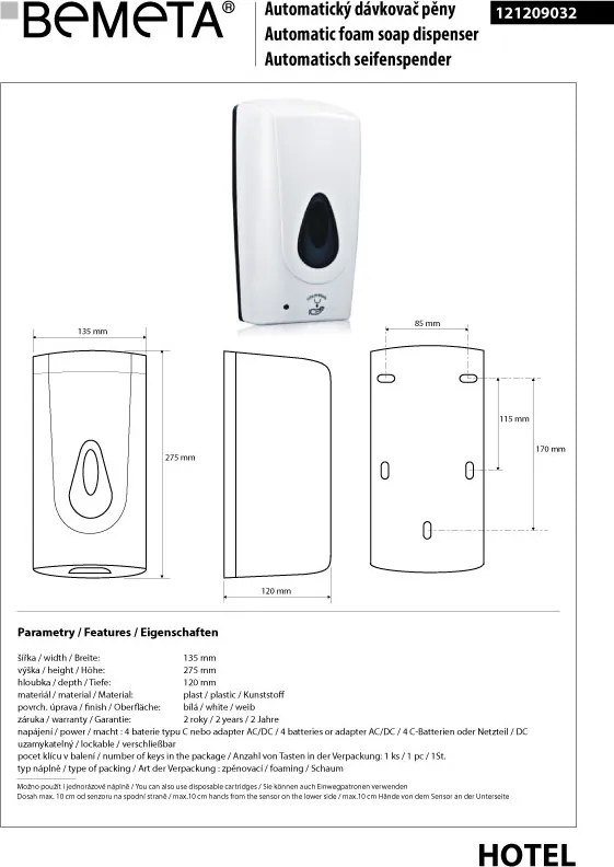 Bemeta Design Automatický dávkovač penového mydla, 1000 ml, plast, biely - 121209032