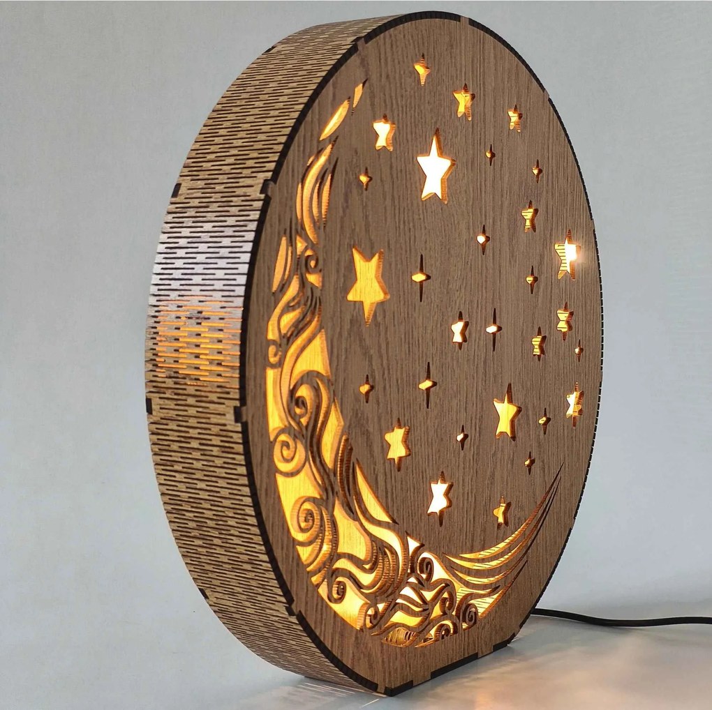 Drevená stolová lampa Mesiac a hviezdy | AURA: HDF - Orech 20 cm 4794-115288 LED0612