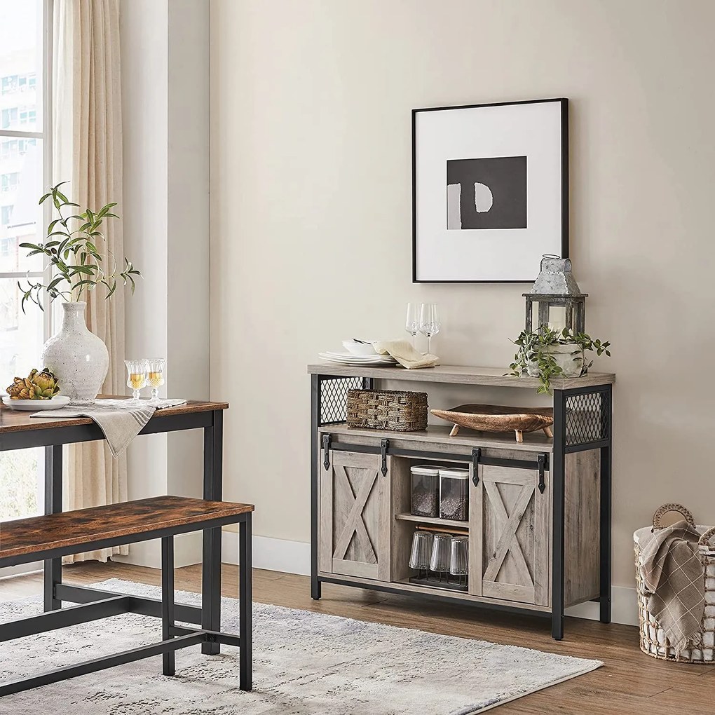 Skrinka s 2 posuvnými dverami, príborník, greige a čierna