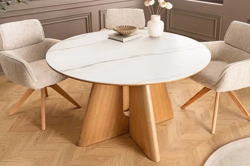 Okrúhly keramický jedálenský stôl Yenibeth 120 cm biely mramor / dub