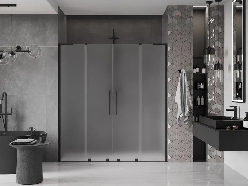Mexen Velar L Duo, posuvné sprchové dvere do otvoru 200 cm, 8mm sklo námraza, čierna matná, 871-200-003-32-70