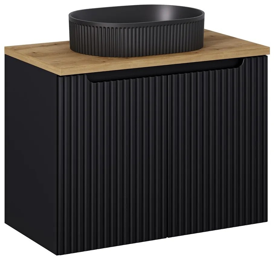Závesná skrinka Nova Black II s doskou a umývadlom 80 cm čierna/dub evoke