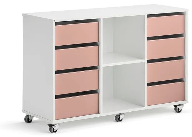 Úložná skriňa CASPER, 8 zásuviek, 2 priehradky, biela, tmavoružová