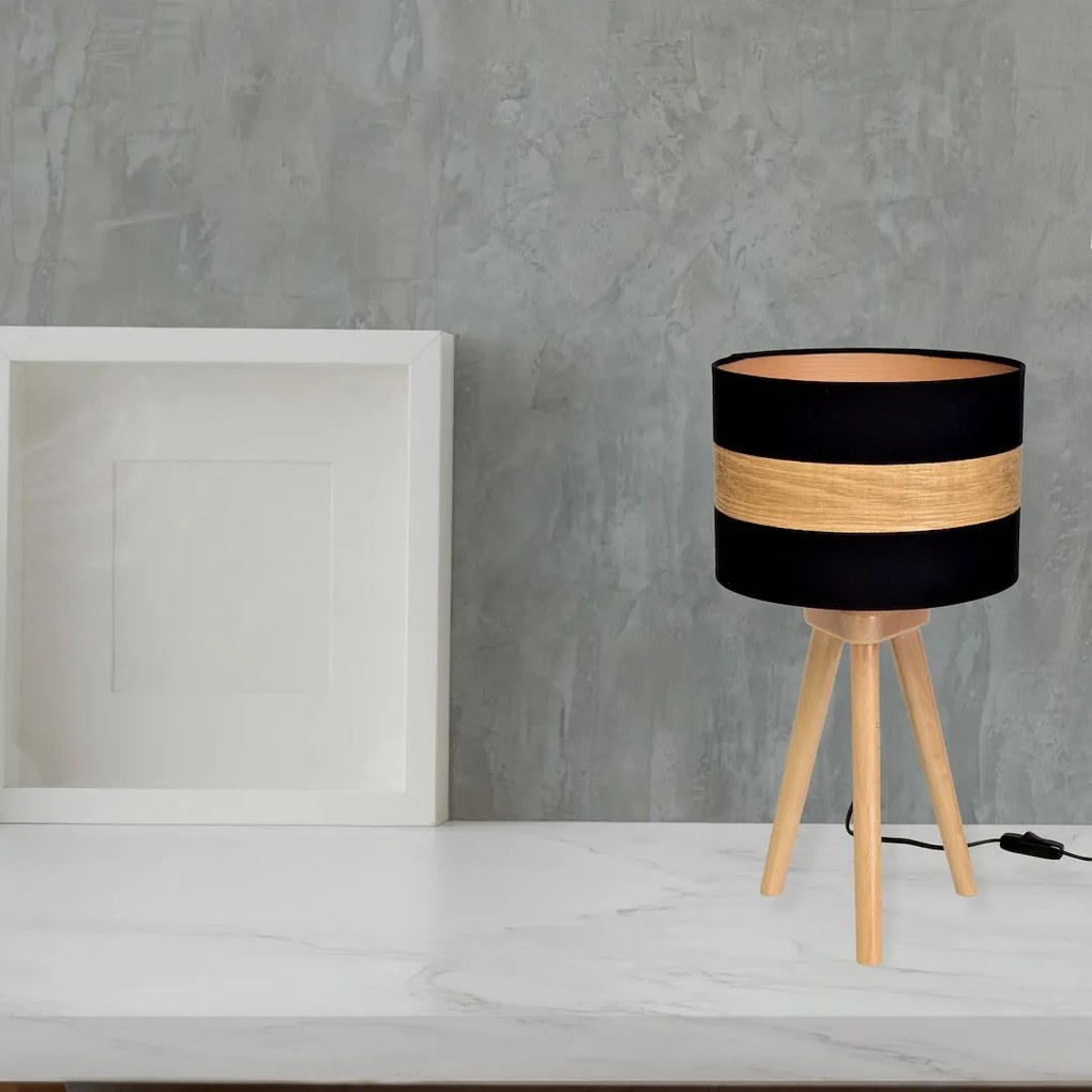 Stolná lampa Terra, 1x drevené/čierne textilné tienidlo, drevo