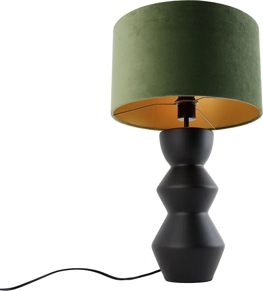 Dizajnová stolná lampa čierna s tienidlom z čierneho zamatu zelená so zlatom 35 cm - Alisia
