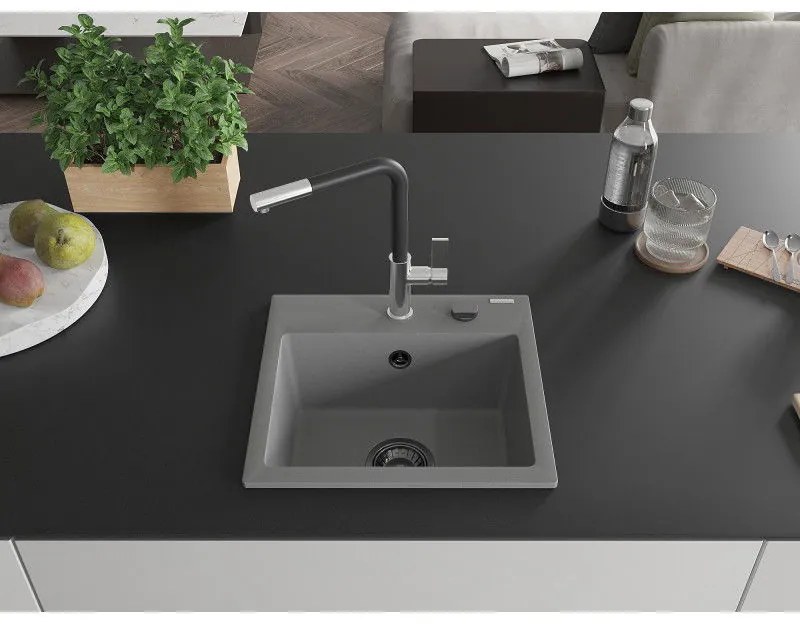 Mexen Milo, 1-komorový granitový drez 435x410x171 mm a drezová batéria Flora, šedá, 6505-71-670401-07-B
