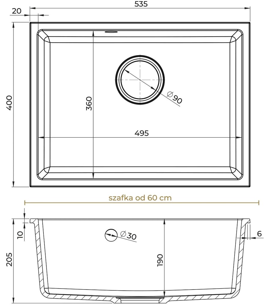 Sink Quality Crypton 60, kuchynský granitový drez 535x400x205 mm + zlatý sifón, čierna škvrnitá, SKQ-CRY.B.1KBO.60.XG