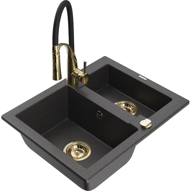 Mexen Carlos, 1,5-komorový granitový drez 582x475x177 mm a drezová batéria Aster, čierna škvrnitá, 6518-76-73450-57-G