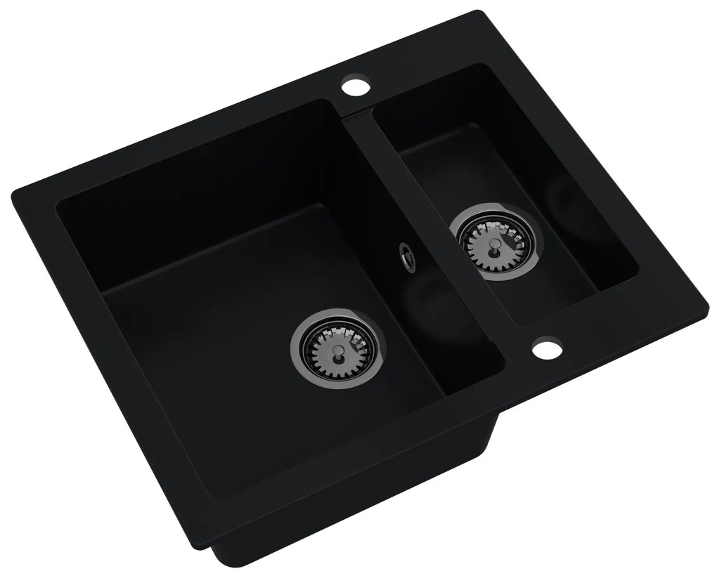 Sink Quality Ferrum, kuchynský granitový drez 605x495x210 mm + čierny sifón, čierna, SKQ-FER.C.5KBO.XB