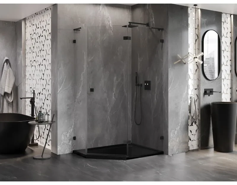 Mexen Lunar, L pravý výklopný päťuholníkový sprchový kút 100 x 90 cm, 8mm číre sklo, čierny profil, 831L-100P-090L-70-00-P