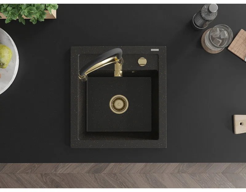 Mexen Vito, 1-komorový granitový drez 490x520x210 mm a drezová batéria Aster, čierna-zlatá metalíza, 6503-75-73450-57-G