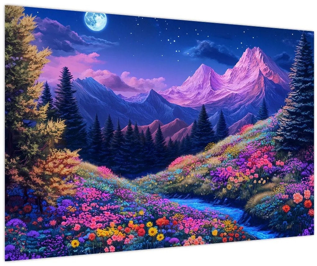 Obraz - Fialová krajina pri úplnku (90x60 cm)