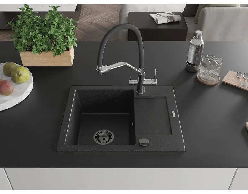 Mexen Enzo, granitový drez 576x465x174 mm, 1-komorový a drezová batéria Duo, čierna-strieborná metalíza, 6506-73-671701-07-B