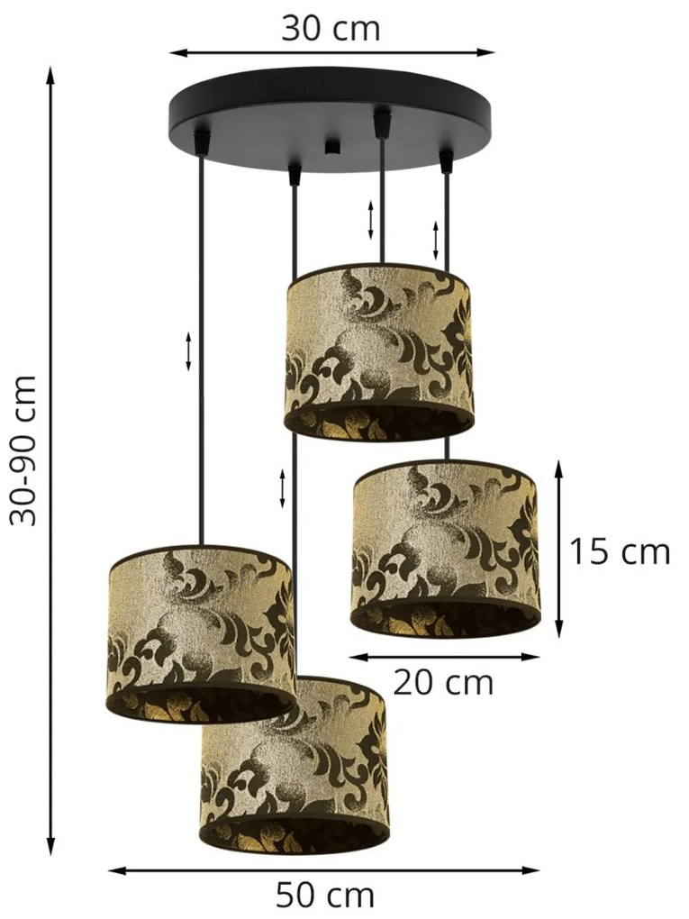 Závesné svietidlo Werona 1, 4x čierne/zlaté textilné tienidlo so vzorom, o