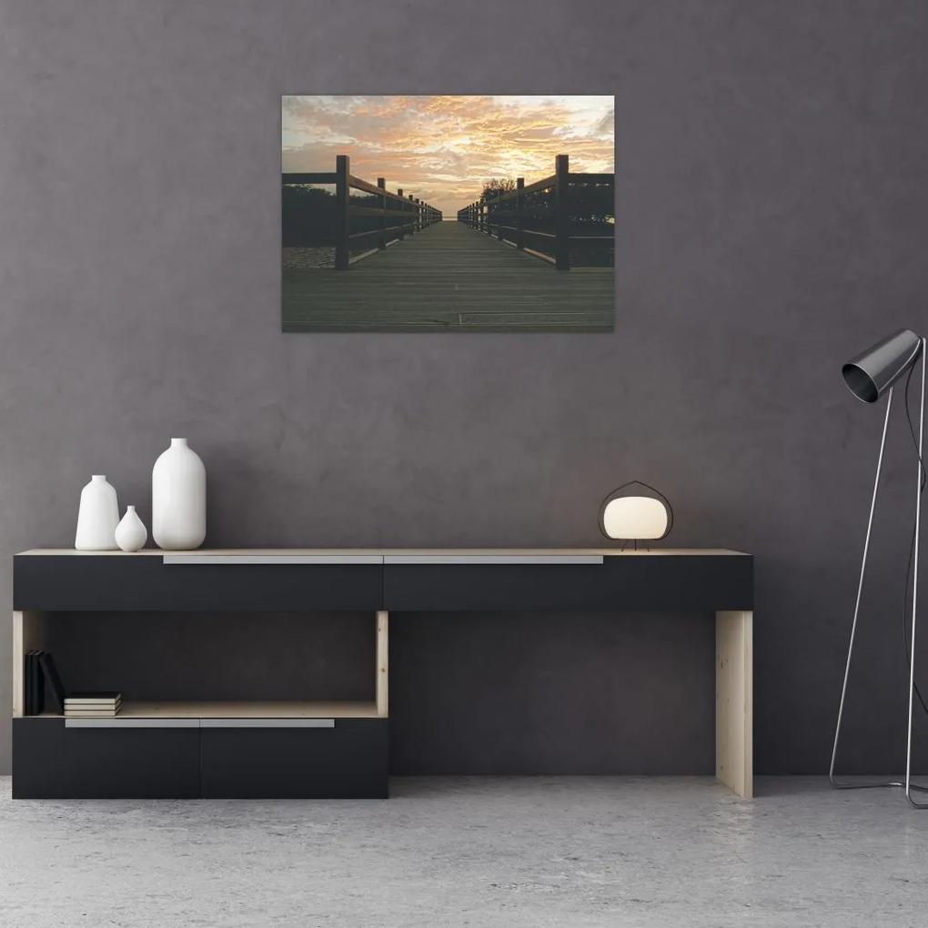 Sklenený obraz dreveného móla nad jazerom (70x50 cm)