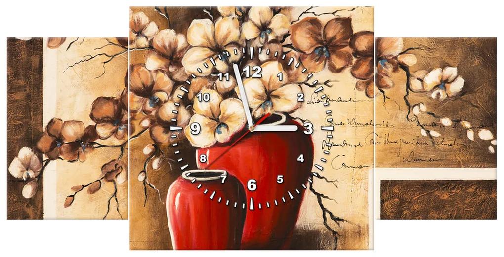 Gario Obraz s hodinami Orchidei v červenej váze - 3 dielny Rozmery: 90 x 70 cm
