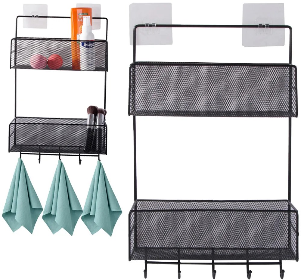 VERK GROUP Dvojposchodová závesná kovová polica do kúpeľne s 5 háčikmi, čierny ARGO