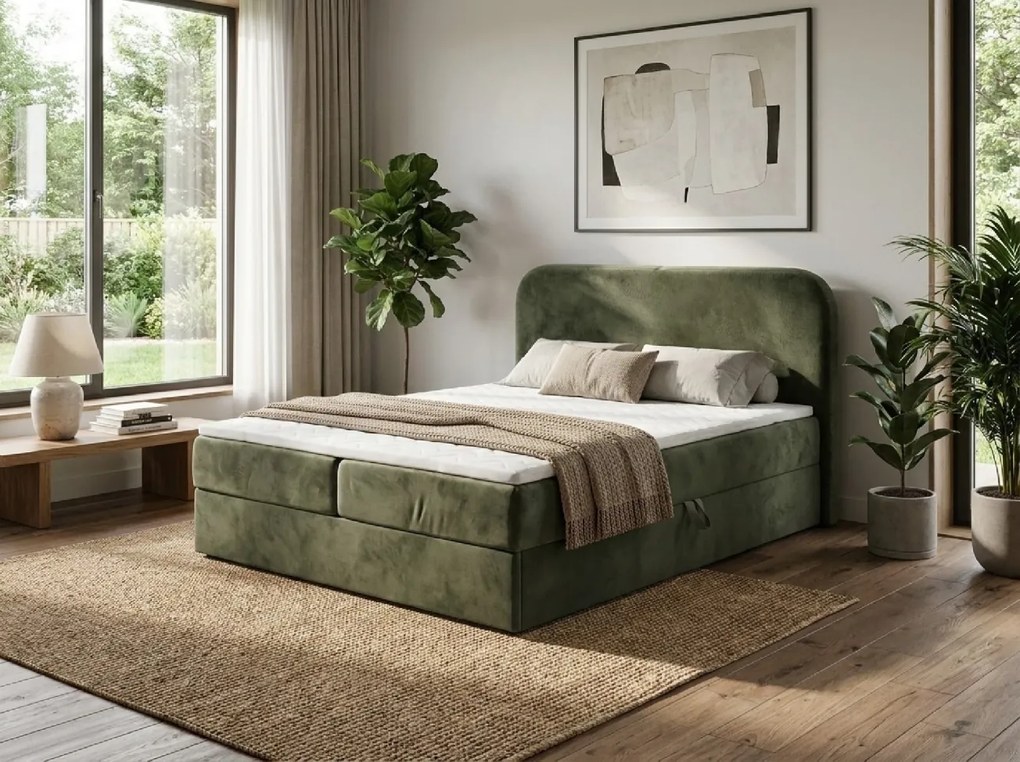 Čalúnená posteľ boxspring FORENA 140x200 cm tmavozelená Matrac: Bonell pružinová matrac