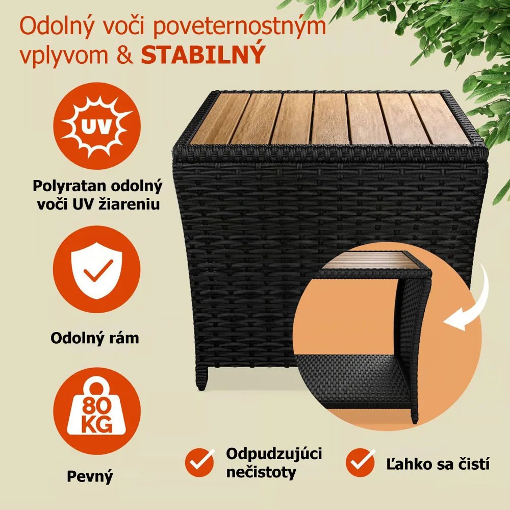 Polyratanový odkladací stolík ROCCO s akáciovým drevom, 40x45x45cm, čierna/hnedá Casaria