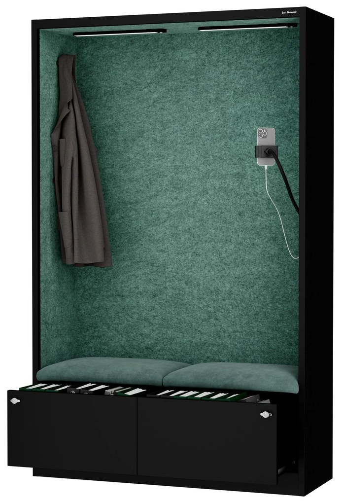 Akustická kabína SALLY MentalBox 1150 mm – čierny korpus, zelené sedadlo