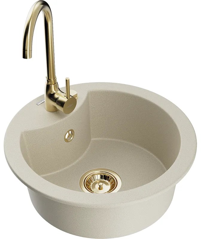 Mexen Diego, 1-komorový granitový drez 488x488x167 mm, zlatý sifón, zlatá lesklá batéria Telma, béžová, 6512-69-670200-50