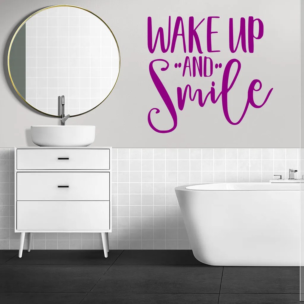 Veselá Stena Samolepka Nápis Wake up and Smile Farba: bílá, Veľkosť: 60 x 56 cm