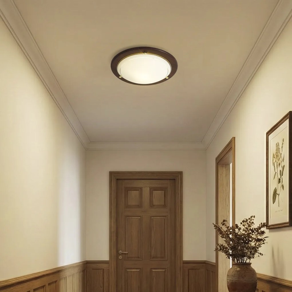 Klasické stropné svietidlo orechové drevo s bielym sklom - Mesiac