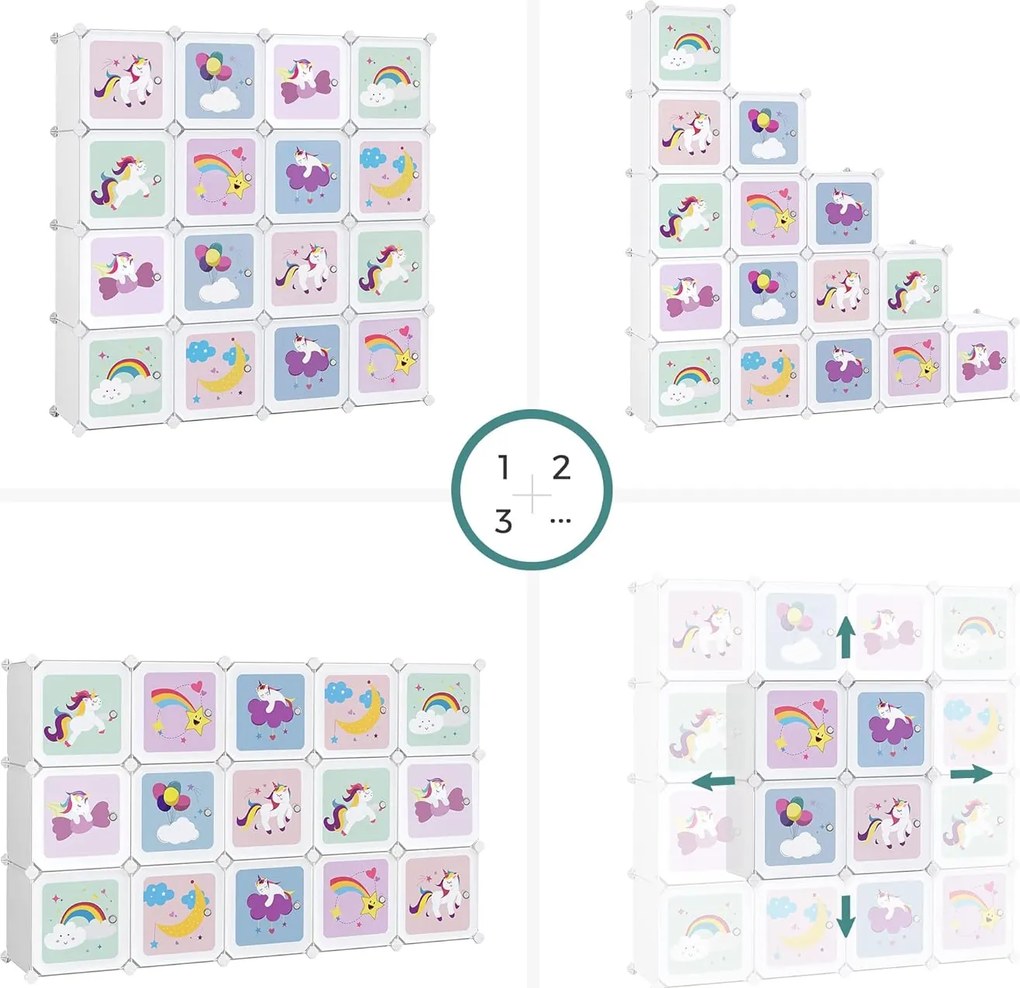 Skladacia skrinka, Policový systém so 16 priehradkami pre deti, motív unikorn