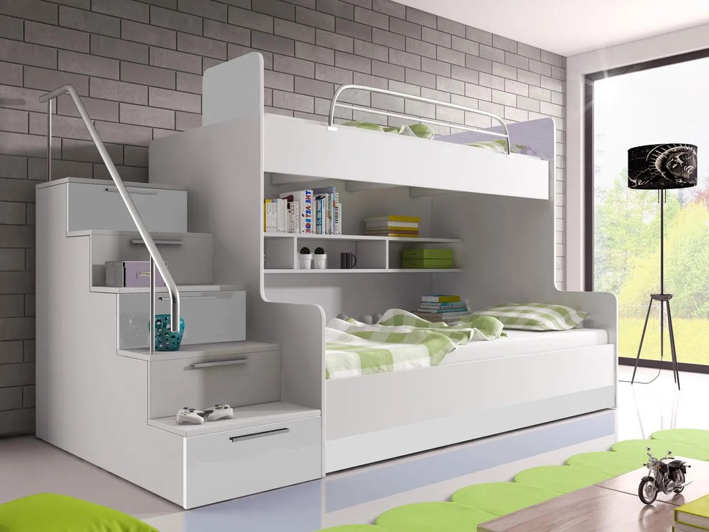 Poschodová posteľ Paradise II, Farby: biela / biely lesk + šedý lesk, Strana: ľavá