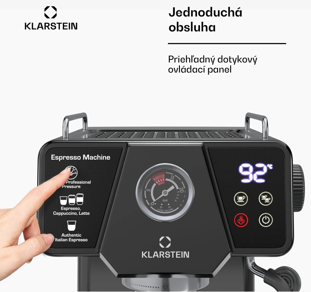 Klarstein Libeica pákový kávovar, 1350 W, 19 bar, dotykové ovládanie, nehrdzavejúca oceľ, ukazovateľ tlaku a teploty