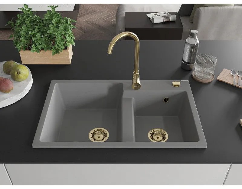 Mexen Tomas, granitový drez 800x500x190 mm, 2-komorový a zlatá batéria Telma, šedá, 6516-71-670200-50