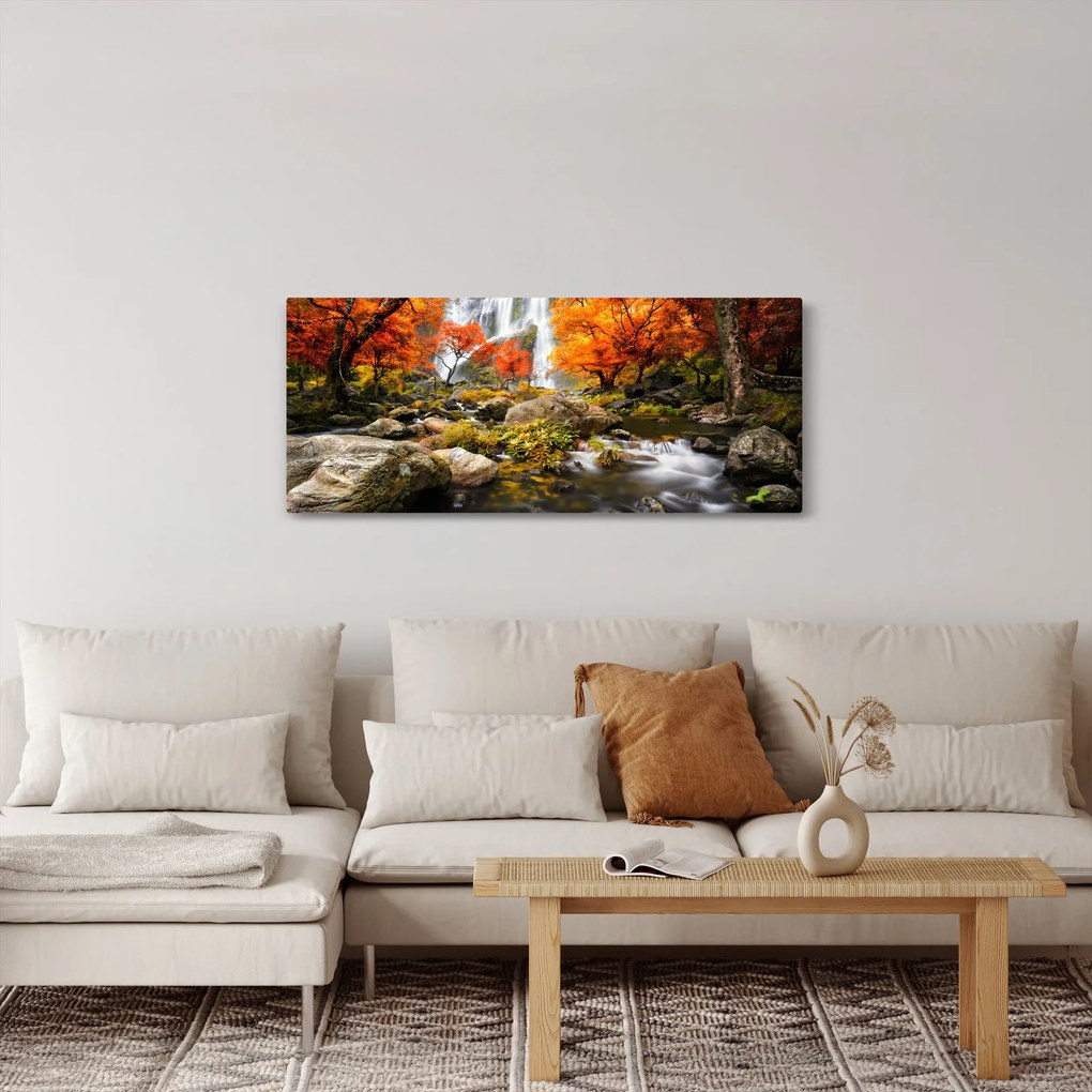 Obraz - Vodopády v jesennej krajine, oranžový (120x50 cm)