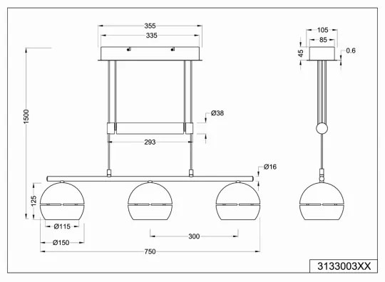 Trio - Luster na lanku FLETCHER 3xE14/40W/230V matný chróm