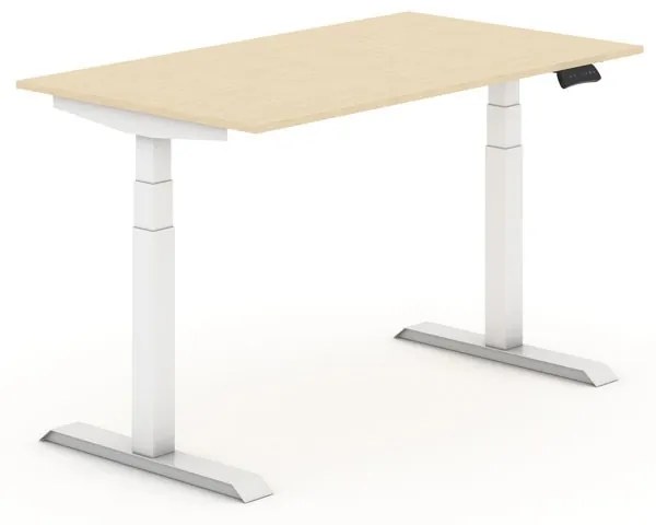 Výškovo nastaviteľný stôl, elektrický, 625-1275 mm, doska 1400x800 mm, orech, biela podnož