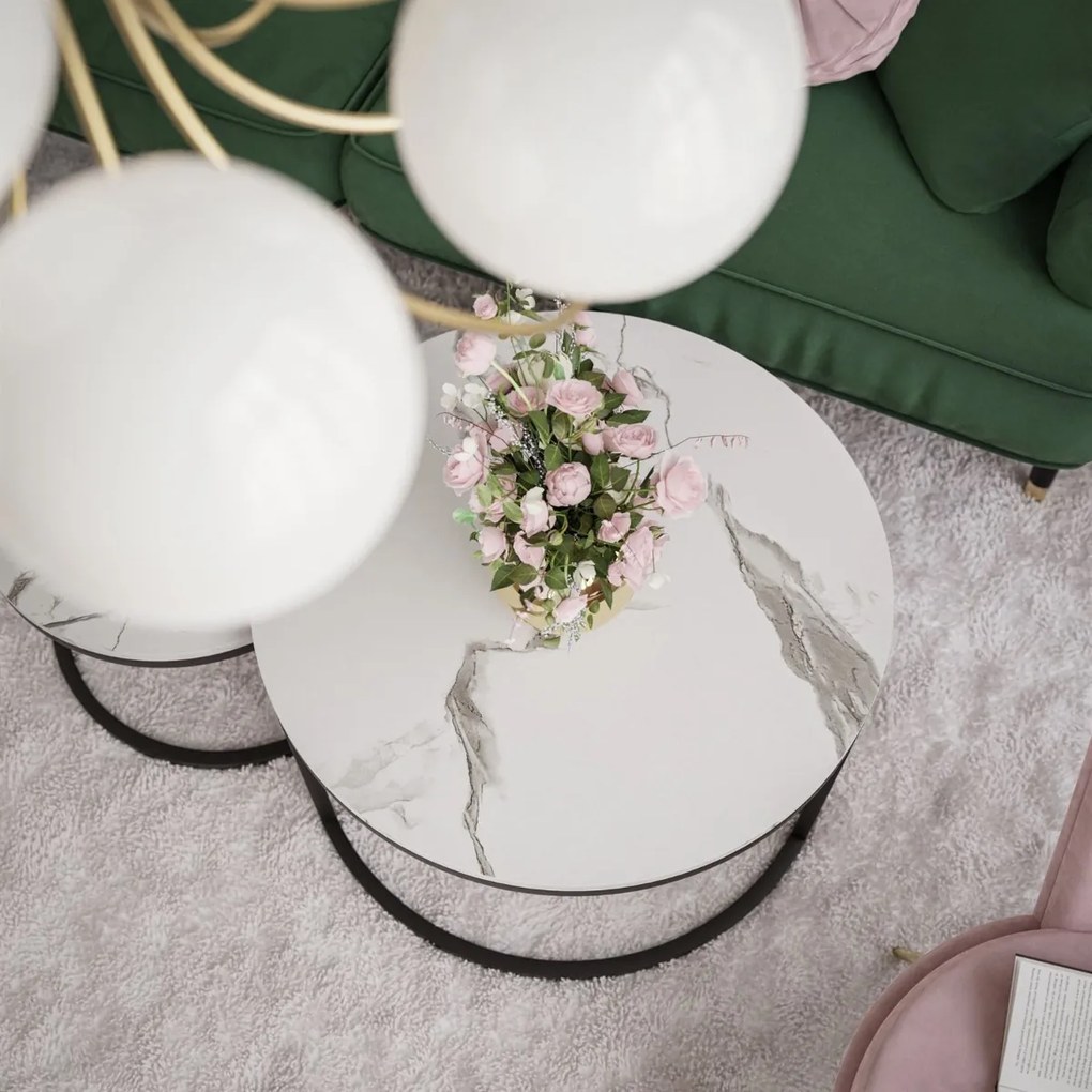 KONFERENČNÝ STOLÍK DIJON 2v1 BIELY MRAMOR + ČIERNY PODSTAVEC