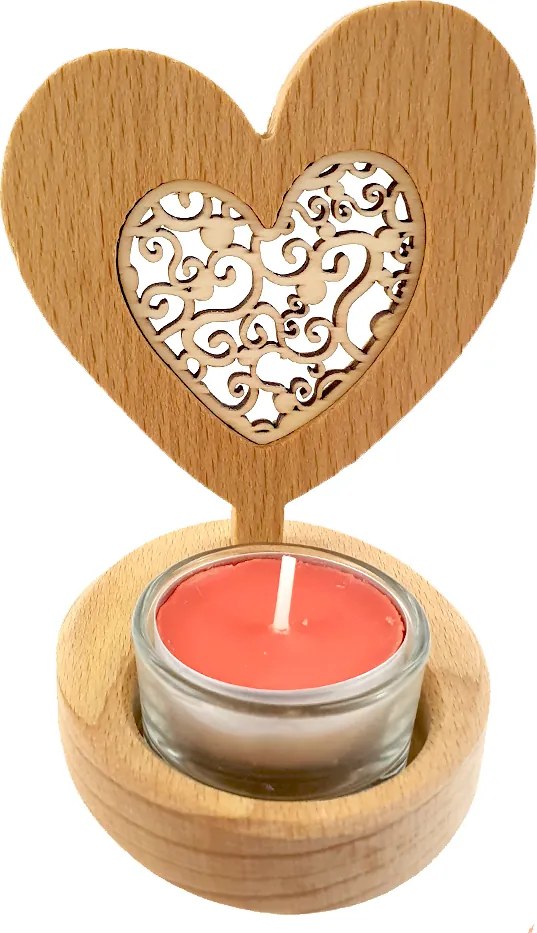 AMADEA Drevený svietnik srdca s vkladom - ornament, masívne drevo, výška 10 cm