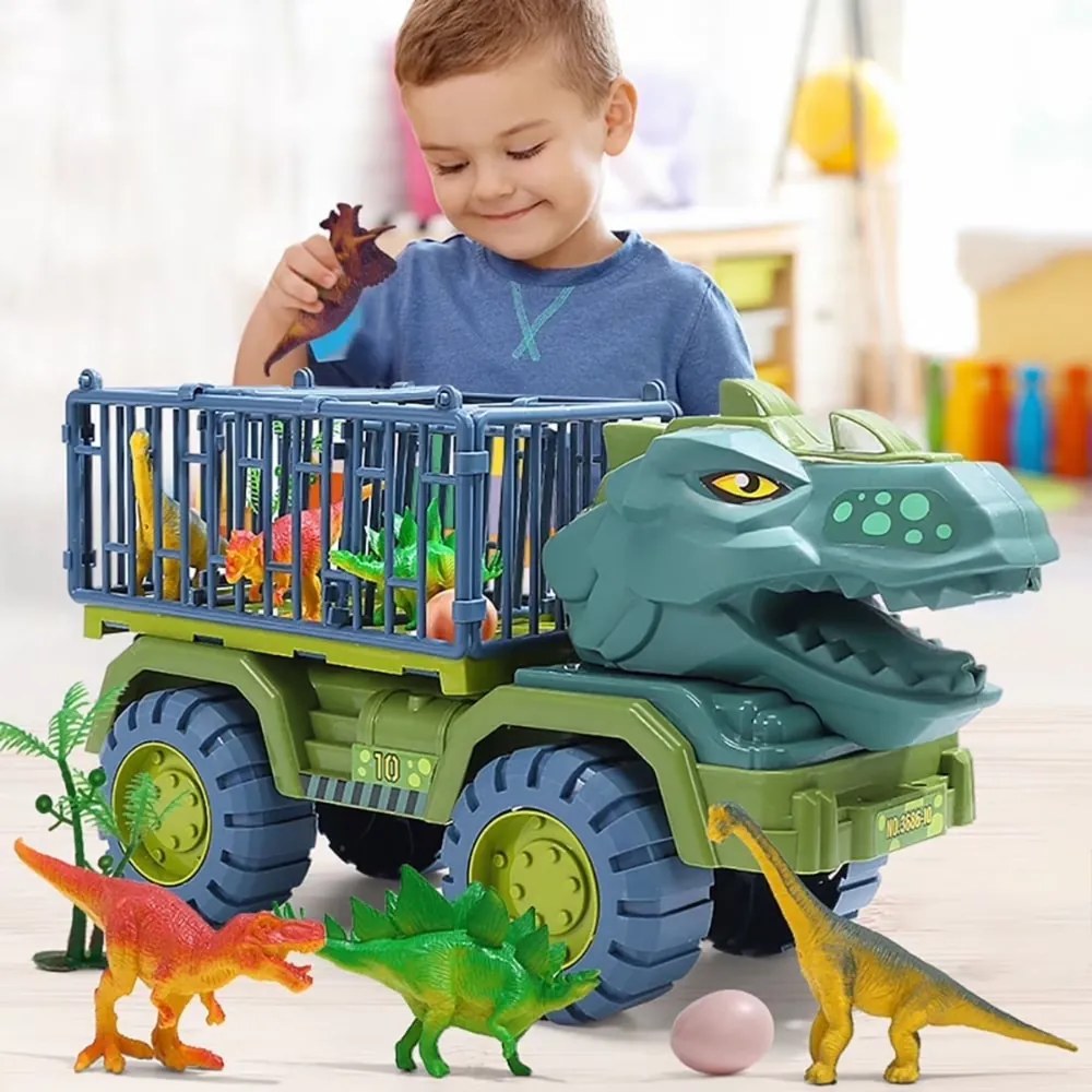LEAN Toys Autíčko Transporter Nákladné auto Dinosaury Figúrky zelené 15 ks.