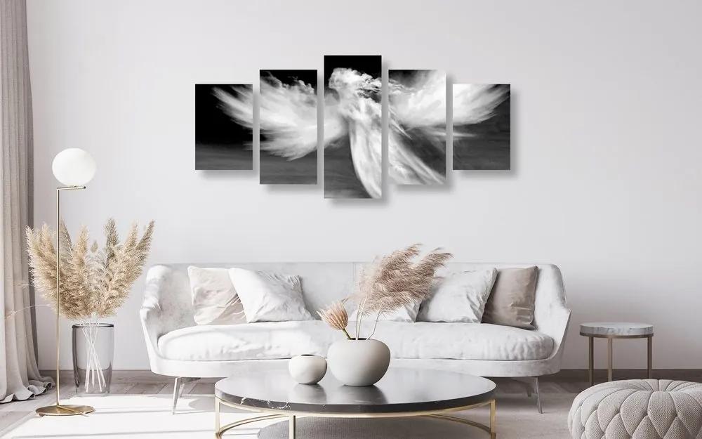 5-dielny obraz podoba anjela v oblakoch v čiernobielom prevedení - 200x100