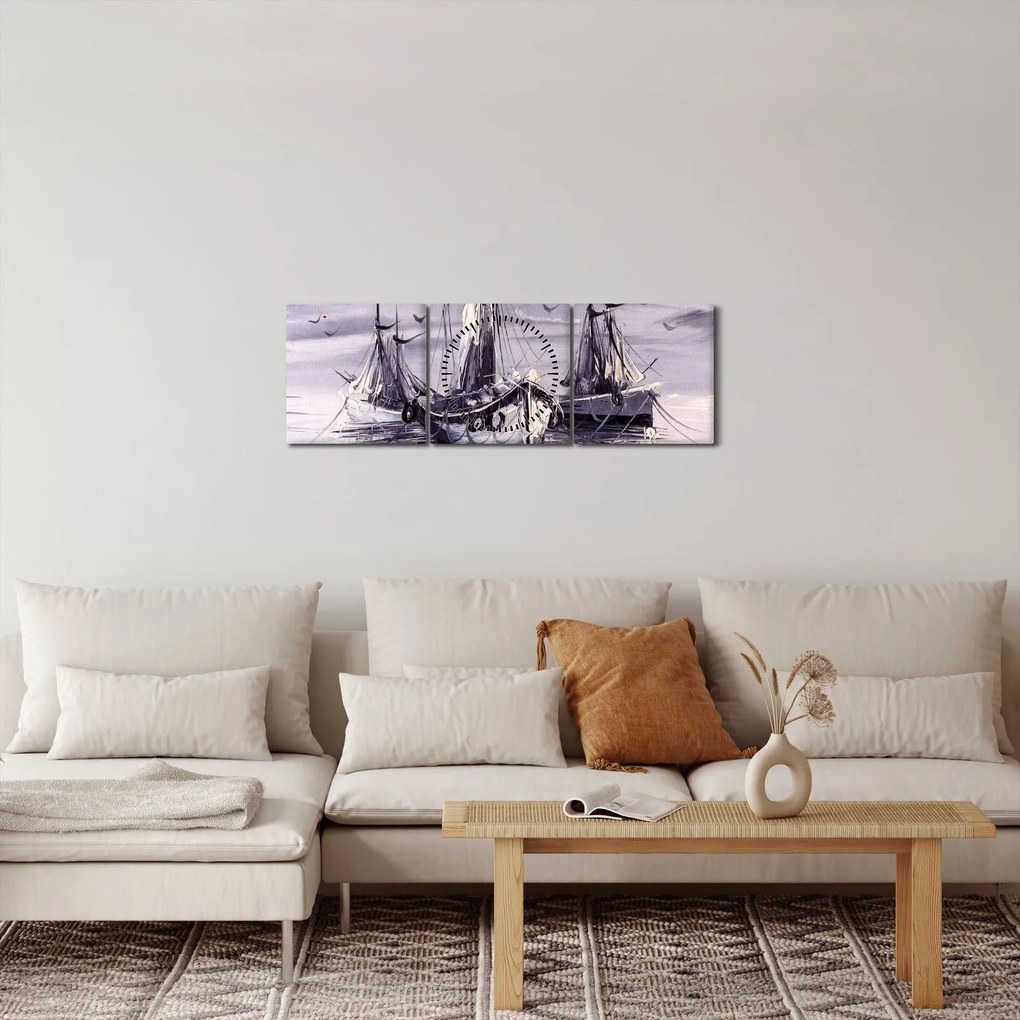 Obraz - Prístav, olejomaľba (s hodinami) (90x30 cm)