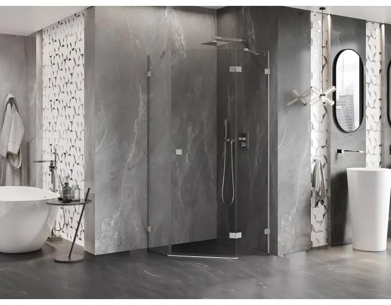 Mexen Lunar, päťuholníkový sprchový kút s pravým sklonom 90 x 90 cm, 8mm číre sklo, oceľový profil, 831-090P-090L-97-00-P