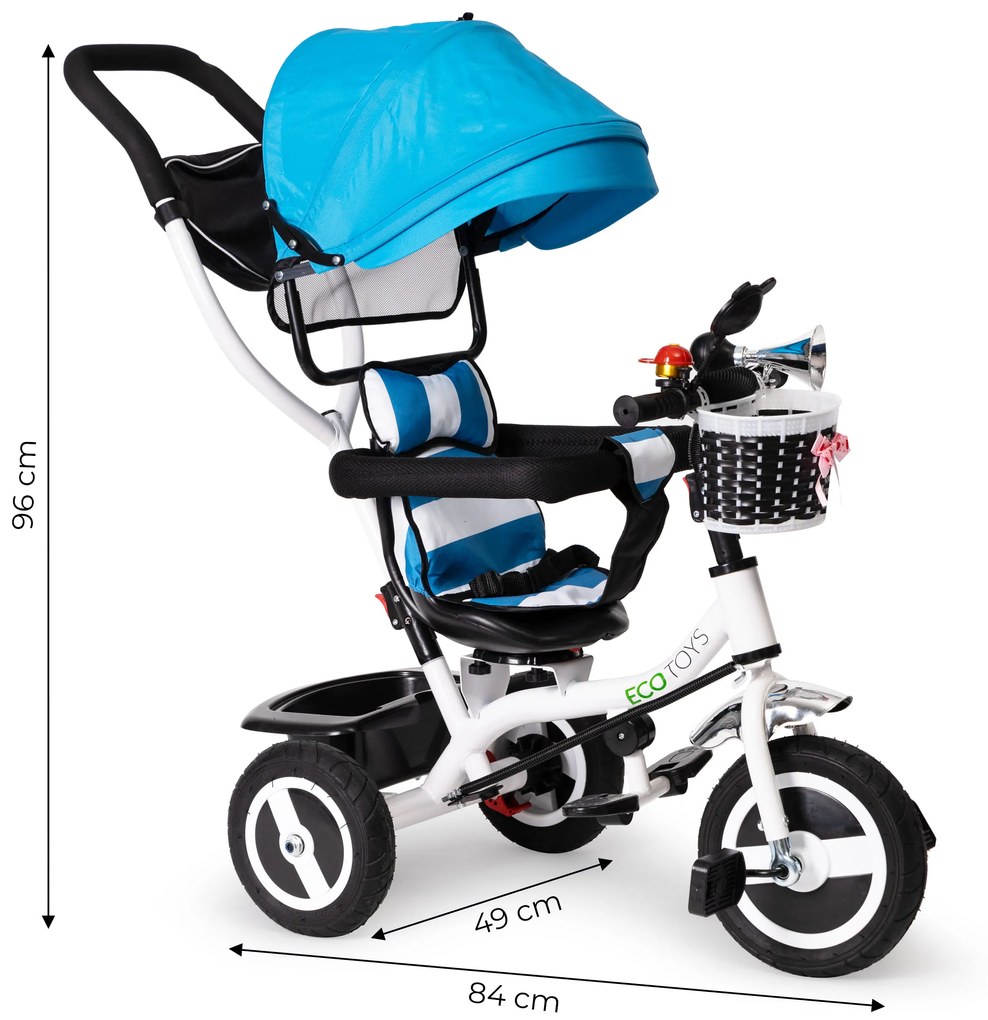 Trojkolka s otočnou strieškou odolné gumové kolieska modrá ECOTOYS