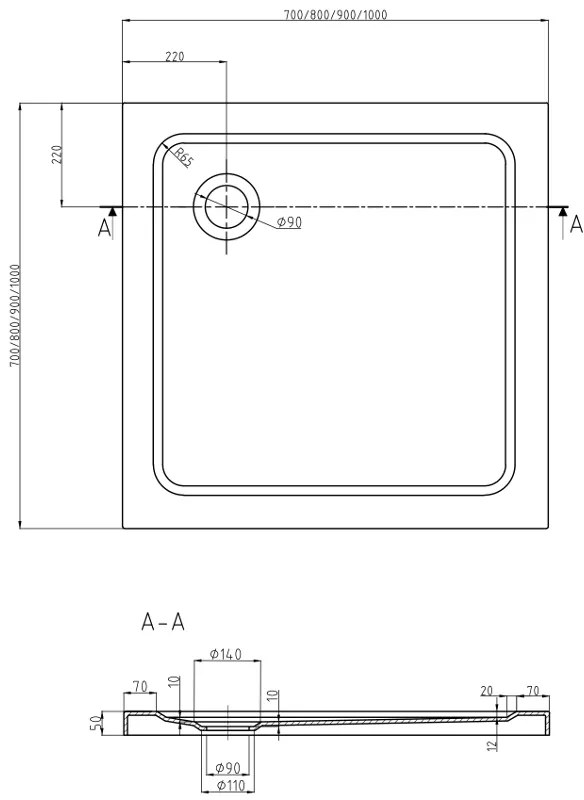 Mexen SLIM - Štvorcová sprchová vanička 80x80x5cm + zlatý sifón, čierna, 40708080G