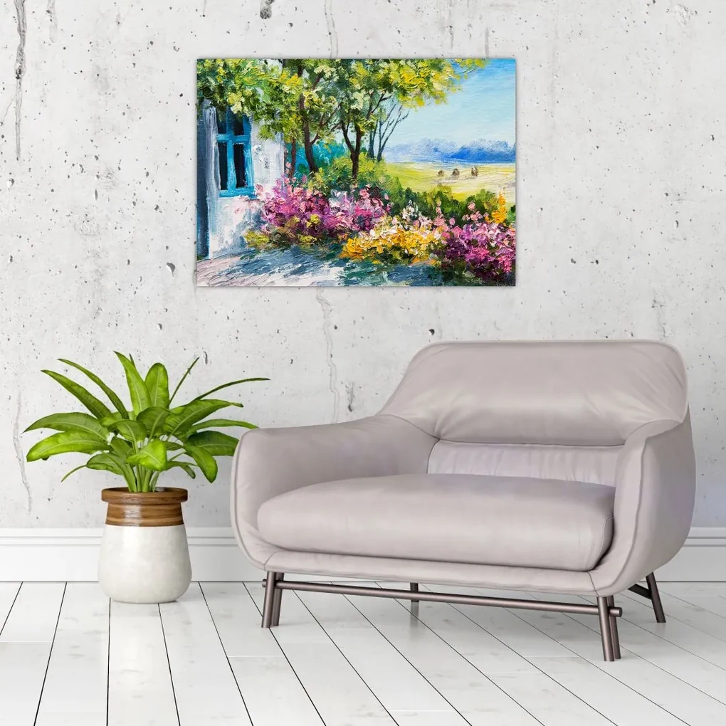 Obraz záhradky pred domom, olejomaľba (70x50 cm)