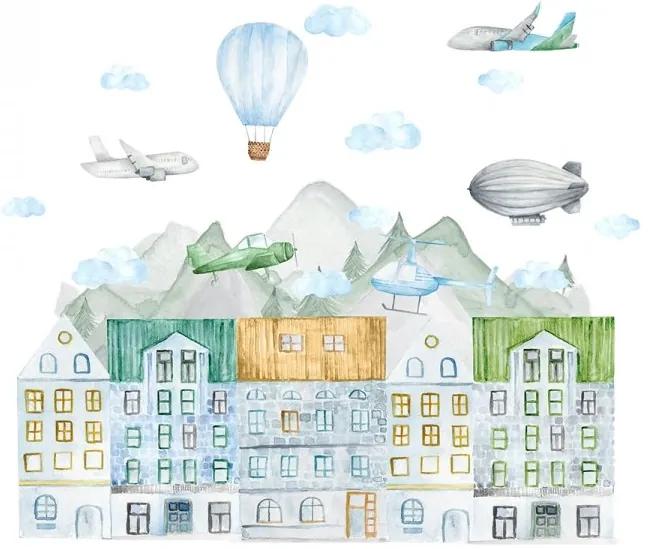lovel.sk Nálepka na stenu Travel - mesto, lietadlá, vzducholoď, vrtuľník, balón a oblaky DK358