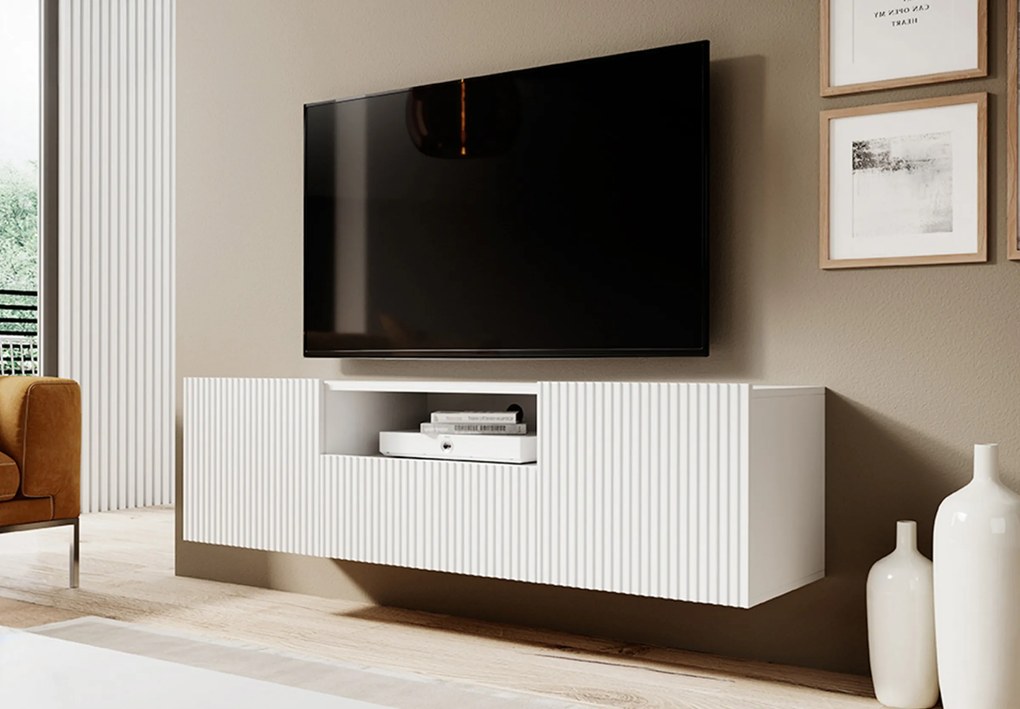 Závesný TV stolík Nicole 150 cm s otvorenou policou - biela / biela mat