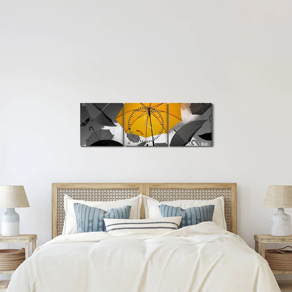 Obraz žltého dáždnika (s hodinami) (90x30 cm)